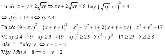 Cho x, y thuộc R thỏa mãn x + y + xy = 8. Tìm giá trị nhỏ nhất của biểu thức A = x^2 + y^2 (ảnh 1)