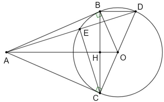 Cho điểm A nằm ngoài đường tròn (O; R). Vẽ 2 tiếp tuyến AB, AC với đường tròn (O), (B, C là các tiếp điểm). Vẽ đường kính CD của đường tròn (O). (ảnh 1)