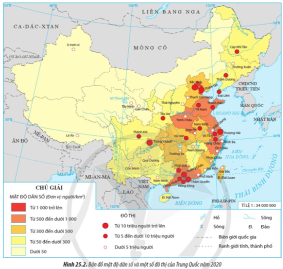 Dựa vào hình 25.2, hãy nhận xét về sự phân bố dân cư và đô thị của Trung Quốc (ảnh 1)