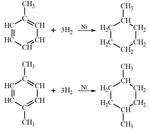 Viết phương trình hoá học của phản ứng xảy ra khi hydrogen hoá hoàn toàn toluene và p – xylene, sử dụng xúc tác nickel. (ảnh 1)