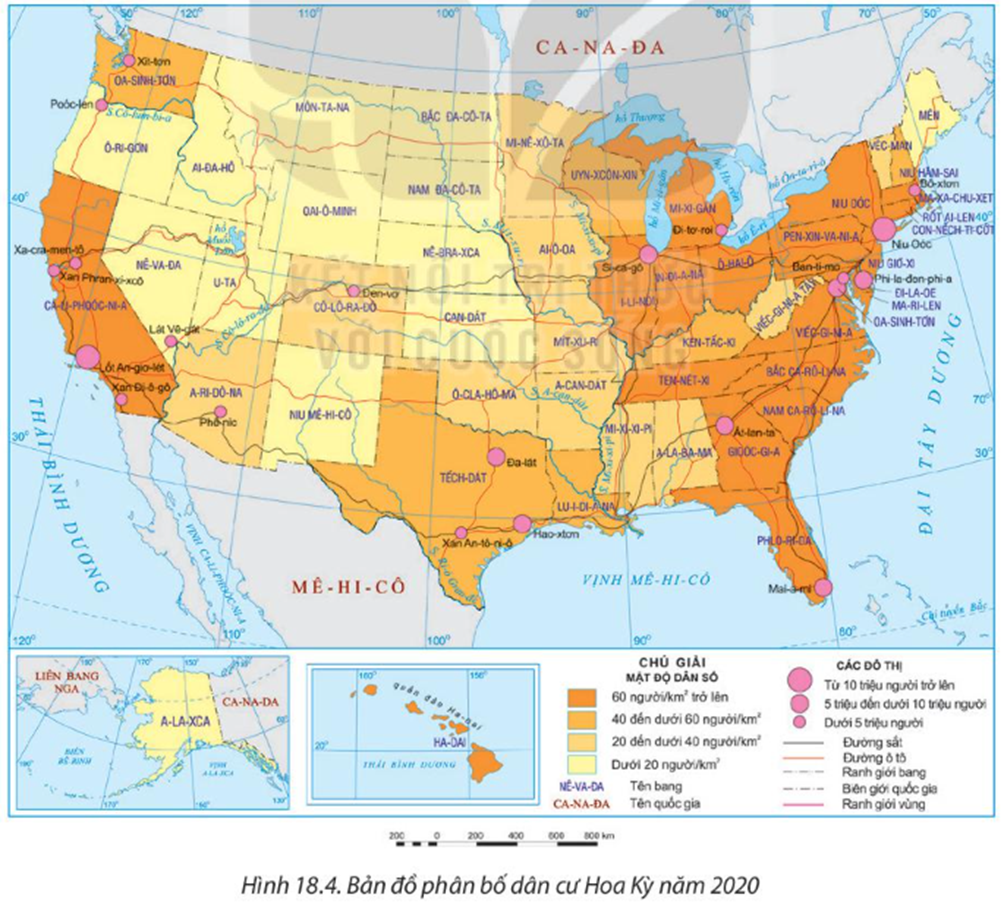 Dựa vào bản đồ phân bố dân cư Hoa Kỳ (hình 18.4), nhận xét về sự phân bố các đô thị  (ảnh 1)