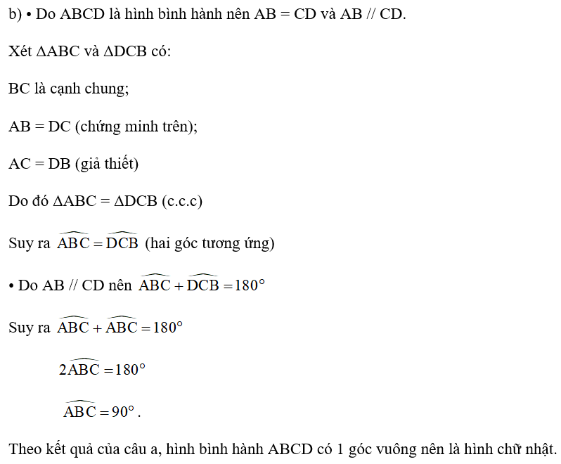 b) Cho hình bình hành ABCD có hai đường chéo AC và BD bằng nhau (Hình 50).  • Hai tam giác ABC và DCB có bằng nhau hay không (ảnh 1)