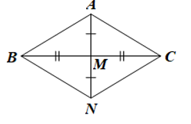 Cho tam giác ABC cân tại A có M là trung điểm BC. Trên tia đối của tia MA lấy điểm N sao cho MN = MA. Chứng minh tứ giác ABNC là hình thoi.  (ảnh 1)
