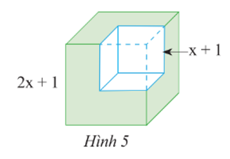 Từ một khối lập phương có cạnh bằng 2x + 1, ta cắt bỏ một khối lập phương có cạnh bằng x + 1 (xem Hình 5). Tính thể tích phần còn lại, (ảnh 1)