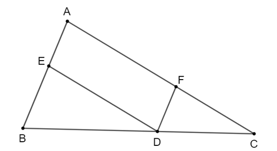Cho tam giác ABC, từ điểm D trên cạnh BC, kẻ đường thẳng song song với AB cắt AC tại F và kẻ đường (ảnh 1)