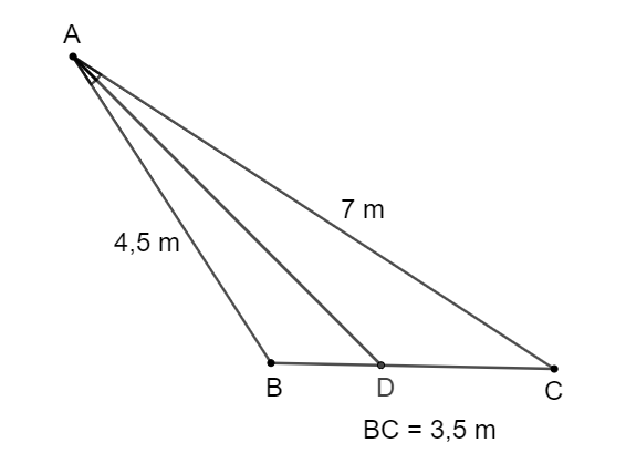Cho tam giác ABC. Đường phân giác trong của góc A cắt BC tại D. Tính độ dài đoạn thẳng DC (ảnh 1)