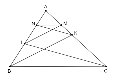 Cho tam giác ABC, điểm I thuộc cạnh AB, điểm K thuộc cạnh AC. (ảnh 1)
