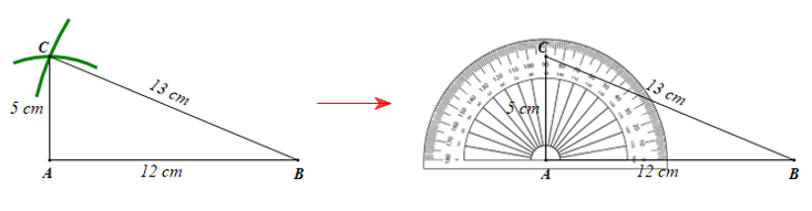 Vẽ vào vở tam giác ABC có AB = 12 cm, AC = 5 cm, BC = 13 cm, rồi xác định số đo   bằng thước đo góc (ảnh 1)