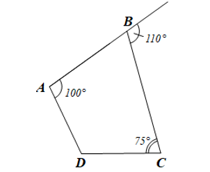 Tứ giác ABCD có góc A= 100 độ , góc ngoài tại đỉnh B bằng 110°, góc c= 75 độ . Tính số đo góc D.  (ảnh 1)