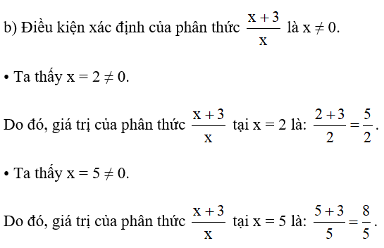 b) Tính giá trị của phân thức đó tại x = 2 và tại x = 5. (ảnh 1)