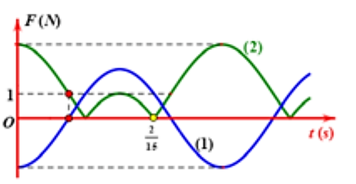 Một con lắc lò xo treo thẳng đứng, kích thích cho con lắc dao động điều hòa với biên độ A. Đồ thị (1) biểu diễn lực hồi phục phụ thuộc vào thời gian. Đồ thị (2) biểu diễn độ lớn lực đàn hồi phụ thuộc vào thời gian. Lấy g = 10 m/s2 và π2 = 10. Độ cứng của lò xo là   (ảnh 1)
