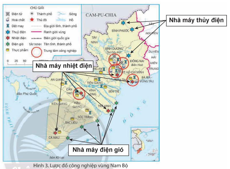 Dựa vào hình 3, em hãy xác định trên lược đồ vị trí các nhà máy nhiệt điện, thuỷ điện, điện gió của vùng Nam Bộ. (ảnh 1)