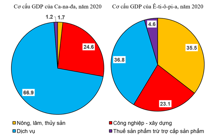 Dựa vào bảng 1.1 hãy vẽ biểu đồ thể hiện cơ cấu GDP của Ca-na-da (ảnh 2)