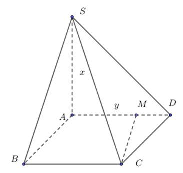 Cho khối chóp S.ABCD có đáy là hình vuông cạnha, cạnh bên SA = y (y > 0) và vuông góc với mặt phẳng đáy (ABCD). Trên cạnh AD lấy điểm M và đặt AM = x (0 < x < a). (ảnh 1)