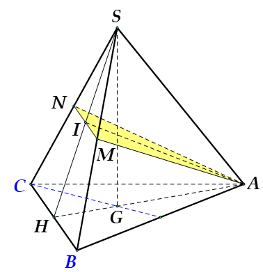 Cho hình chóp tam giác đều S.ABC có cạnh đáy bằng a căn bậc hai 3. Gọi M, N lần lượt là trung điểm của SB, SC. Biết mặt phẳng (AMN) vuông góc với mặt phẳng (SBC). (ảnh 1)