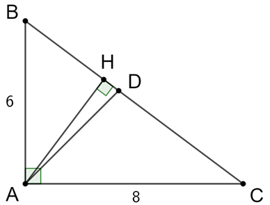 Cho tam giác ABC vuông tại A, đường cao AH, AB  6 cm, AC  8 cm. a) Tính BC, BH, HC, AH . (ảnh 1)
