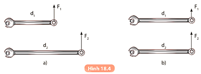 So sánh moment của lực F1, moment của lực F2 trong các Hình 18.4a và Hình 18.4b.   (ảnh 1)
