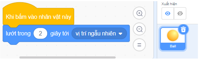 Hãy tạo chương trình có một nhân vật quả bóng, mỗi khi nháy chuột vào quả bóng, nó sẽ di chuyển từ từ tới vị trí ngẫu nhiên trong 2 giây? (ảnh 1)