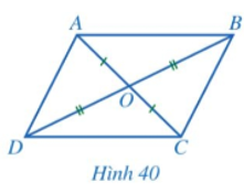 b) Cho tứ giác ABCD có hai đường chéo AC và BD cắt nhau tại trung điểm O của mỗi đường (Hình 40).  • Hai tam giác ABO và CDO có bằng nhau hay không (ảnh 1)