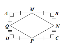 Cho hình chữ nhật ABCD có M, N, P, Q lần lượt là trung điểm của các cạnh AB, BC, CD, DA. Chứng minh tứ giác MNPQ là hình thoi.  (ảnh 1)