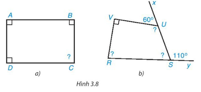 Tính góc chưa biết của các tứ giác trong Hình 3.8. (ảnh 1)