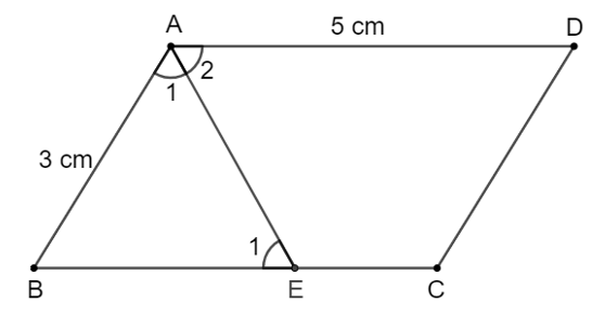 Cho hình bình hành ABCD có AB = 3 cm, AD = 5 cm. a) Hỏi tia phân giác của góc A cắt cạnh CD hay cạnh BC? (ảnh 1)