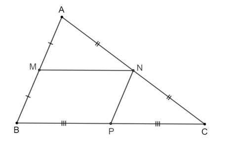 Cho tam giác ABC. Gọi M, N, P lần lượt là trung điểm của các cạnh AB, AC, BC. (ảnh 1)