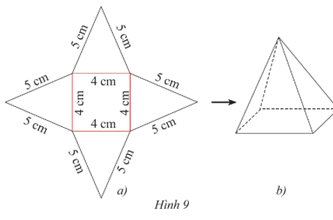Tạo lập hình chóp tứ giác đều có độ dài cạnh đáy 4 cm và cạnh bên 5 cm theo hướng dẫn sau:  ‒ Trên một tấm bìa, vẽ một hình vuông và bốn hình tam giác (ảnh 1)