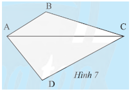 Đường chéo AC chia tứ giác ABCD thành hai tam giác ACB và ACD (Hình 7). Tính tổng các góc của tam giác ACB và tam giác ACD. (ảnh 1)