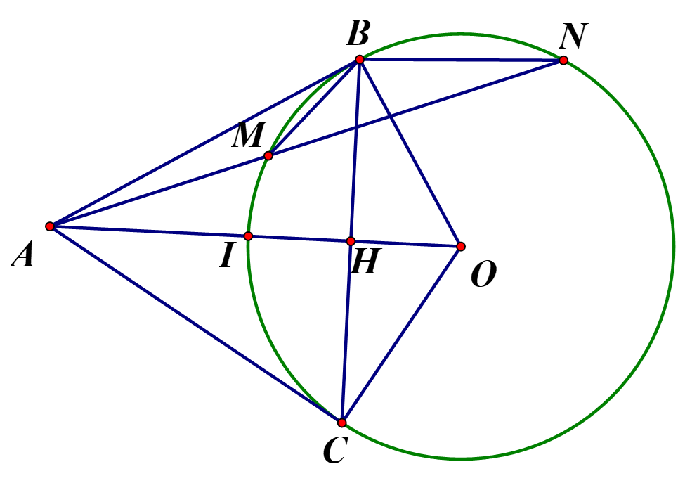 Cho điểm A nằm ngoài đường tròn (O). Qua A kẻ hai tiếp tuyến AB và AC với (O) (B, C là (ảnh 1)