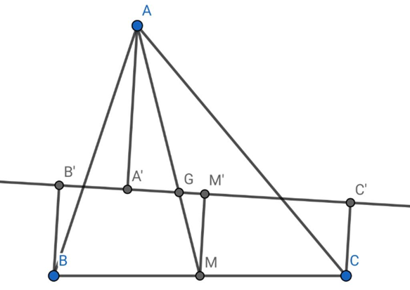 Cho tam giác ABC, trọng tâm G. Vẽ đường thẳng d đi qua G cắt các đoạn thẳng AB, AC. Goi A', B', C' thứ tự là hình chiếu của A, B, C trên d.  (ảnh 1)