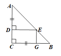 Cho tam giác ABC vuông cân tại C. Trên các cạnh AC, BC lần lượt lấy các điểm D, G sao cho AD = CG < AC. Từ điểm D kẻ DE vuông góc với AC (E thuộc AB). Chứng minh tứ giác CDEG là hình chữ nhật. (ảnh 1)