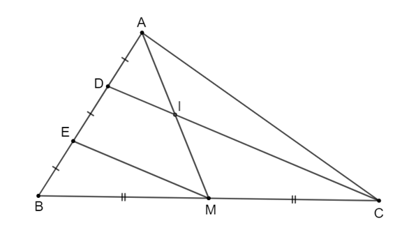 Cho tam giác ABC có trung tuyến AM. Lấy điểm D và E trên cạnh AB sao cho AD = DE = EB (ảnh 1)