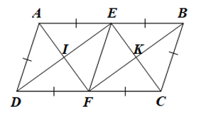 Cho hình bình hành ABCD có AB = 2AD. Gọi E và F lần lượt là trung điểm của AB và CD, I là giao điểm của AF và DE, K là giao điểm của BF và CE. (ảnh 1)