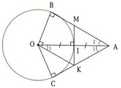 Cho (O; R), lấy điểm A cách O một khoảng bằng 2R. Kẻ các tiếp tuyến AB và AC với đường tròn (B, C là các tiếp điểm). Đoạn thẳng OA cắt đường tròn (O) tại I.  (ảnh 1)