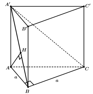 Cho khối lăng trụ đứng ABCA'B'C có đáy ACB là tam giác vuông cân tại B, AB=a. Biết khoảng cách từ A đến mặt phẳng (ảnh 1)