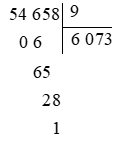 Thực hiện phép tính 54 658 : 9 được: A. Thương là 6 073 và số dư là 1 B. Thương là 673 và số dư là 1 (ảnh 1)