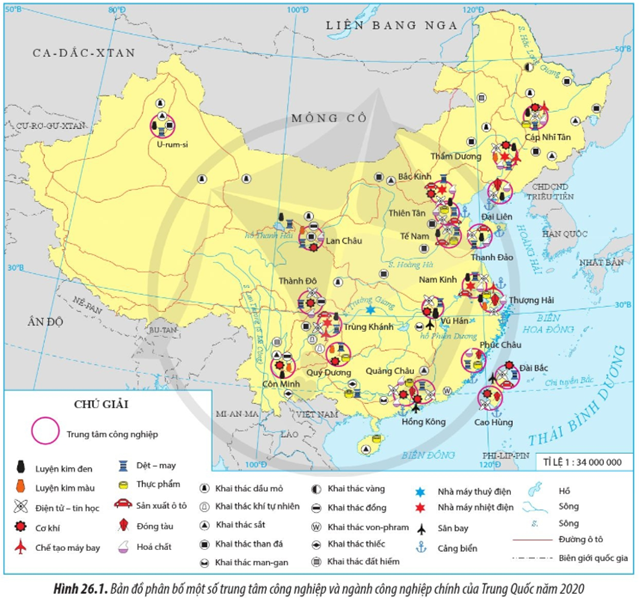 Dựa vào hình 26.1, hãy nhận xét sự phân bố các trung tâm công nghiệp của Trung Quốc (ảnh 1)