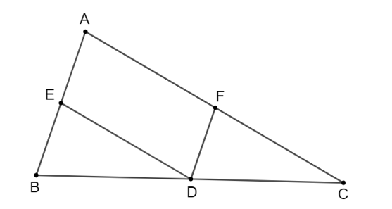 Cho tam giác ABC, D là một điểm nằm giữa B và C. Qua D kẻ các đường thẳng song song (ảnh 1)