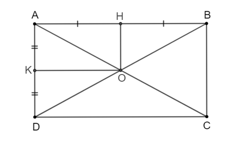 Cho hình chữ nhật ABCD có AC cắt BD tại O. Gọi H, K lần lượt là trung điểm của AB, AD (ảnh 1)