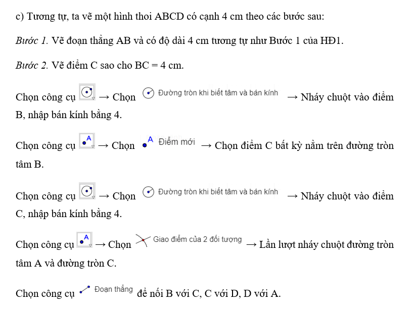 c) Tương tự, hãy vẽ một hình thoi ABCD có cạnh 4 cm. (ảnh 1)