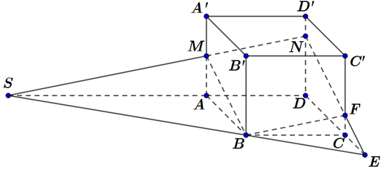 Cho hình lập phương ABCD.A'B'C'D'. Gọi M là trung điểm của AA' và N là điểm nằm trên cạnh N sao cho DN = 3ND'. Mặt phẳng (BMN) chia khối lập phương thành hai phần có thể tích lần lượt (ảnh 1)