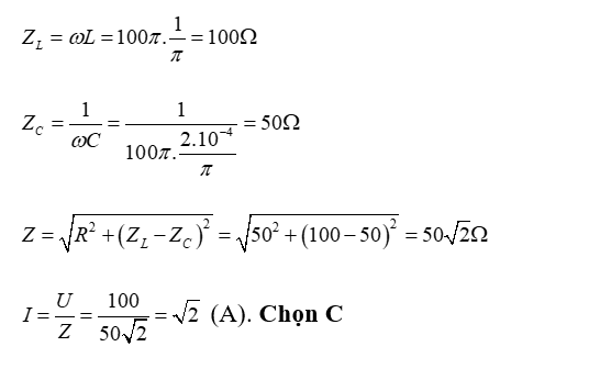 Đặt một điện áp xoay chiều u= 100 căn bậc hai 2 cos (100pit) V vào hai đầu đoạn mạch R,L,C mắc nối tiếp (ảnh 1)