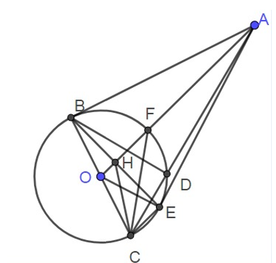 Cho đường tròn tâm O và điểm A nằm bên ngoài đường tròn, từ A vẽ tiếp tuyến AB với đường tròn (B là tiếp điểm). Kẻ đường kính BC của đường tròn (O).  (ảnh 1)