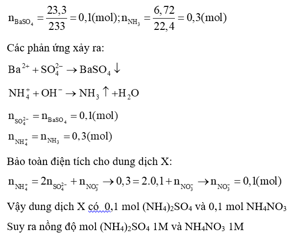 Cho dung dịch Ba(OH)2 đến dư vào 100ml dung dịch X có chứa các ion:  ,  ,   thì có 23,3 gam một kết tủa được tạo thành và đun nóng thì chỉ có 6,72 lít (đktc) một chất khí thoát ra. Nồng độ mol của (NH4)2SO4 và NH4NO3 trong dung dịch X là bao nhiêu? A. 2M và 2M; B. 1M và 1M; C. 1M và 2M; D. 1M và 1,5M. (ảnh 1)