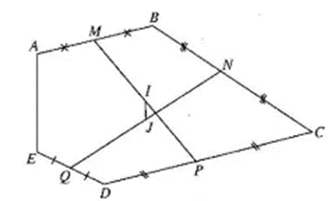 Cho ngũ giác ABCDE. Gọi M, N, P, Q lần lượt là trung điểm các cạnh AB (ảnh 1)