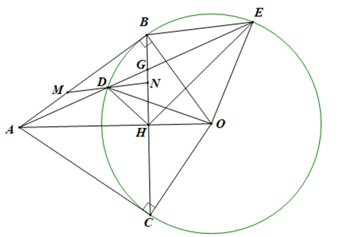 Từ điểm A ở bên ngoài đường tròn (O), kẻ hai tiếp tuyến AB, AC đến đường tròn  (ảnh 1)