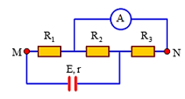 Cho mạch điện như hình vẽ. Biết E = 30V ; r = 3Ω, R1 = 12Ω, R2 = 36Ω, R3 = 18Ω. Bỏ qua điện trở của dây nối và ampe kế. Số chỉ ampe kế gần bằng giá trị nào sau đây? (ảnh 1)