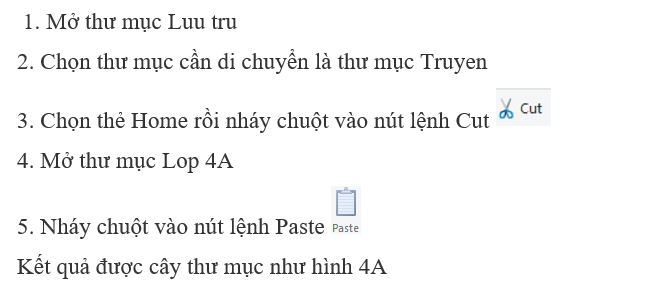 Em hãy nêu các bước di chuyển thư mục Truyen ở cây thư mục Hình 4b để có kết quả là cây thư mục ở hình 4a. (ảnh 1)