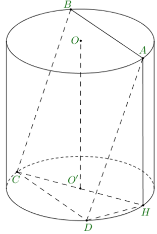 Cho hình trụ có chiều cao bằng a căn bậc hai 2. Trên đường tròn đáy thứ nhất của hình trụ lấy hai điểm A, B; trên đường tròn đáy thứ hai của hình trụ lấy hai điểm C, D sao cho ABCD là hình vuông  (ảnh 1)